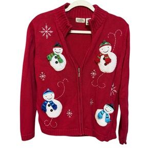 Christmas Sweater Snowman Zip Up Cardigan Vintage Ugly Sz LP‎